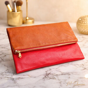 Neiman Marcus Red & Orange Pebble Leather Colorblock Foldover Clutch